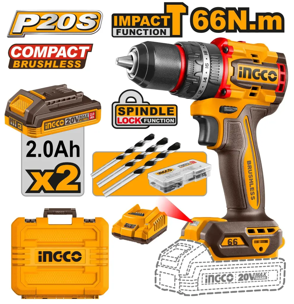 Ingco Cordless Impact Drill 20V 66Nm + 2 Battery  [CIDLI20668]