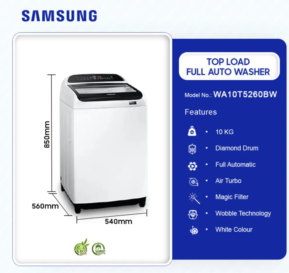 [WA10T5260BW / NQ] Samsung 10Kg Top Load Full Auto Washer Washing Machine [WA10T5260BW / NQ]