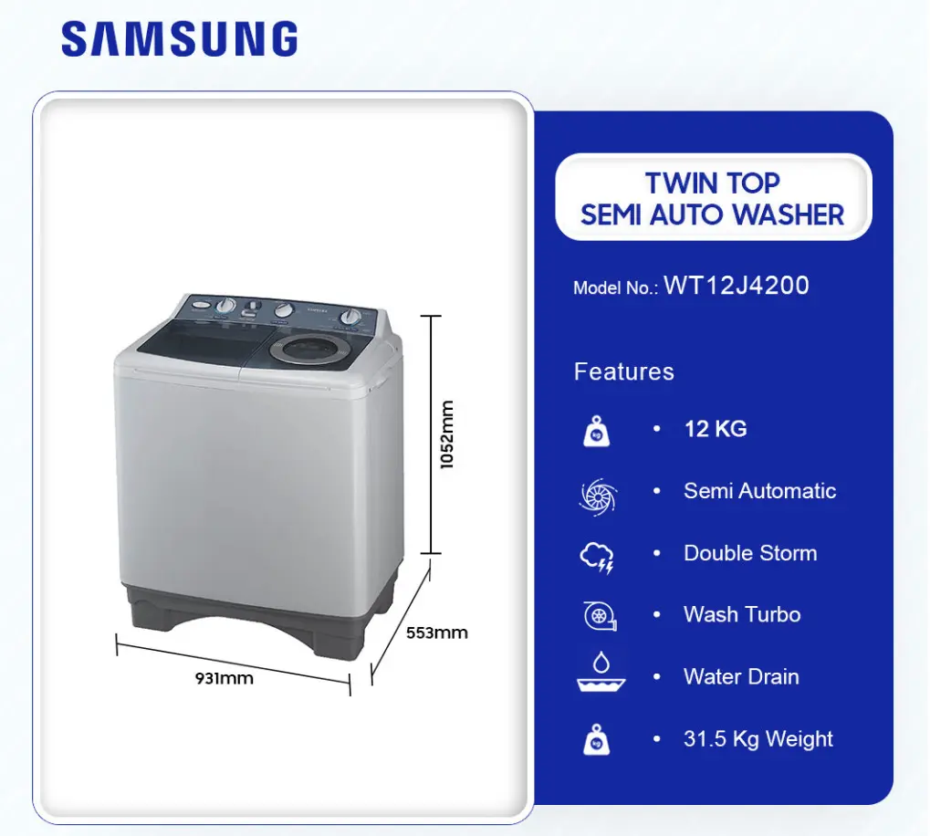 [WT12J4200] Samsung 12Kg Twin Top Semi Auto Washer Washing Machine [WT12J4200]
