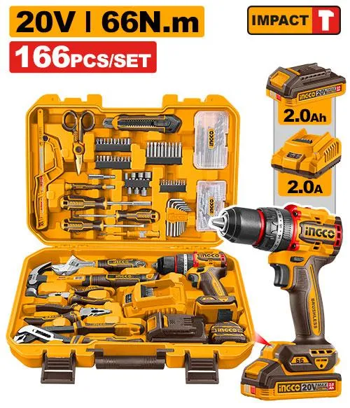 Ingco 166 PCS Tools Set With Impact Drill 20V 66Nm + Battery