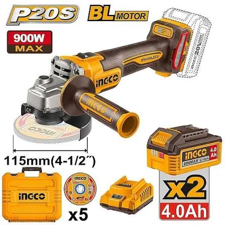 [CAGLI261522] Ingco Cordless Angle Grinder 20V 900W 4.5'' + 2 Battery
